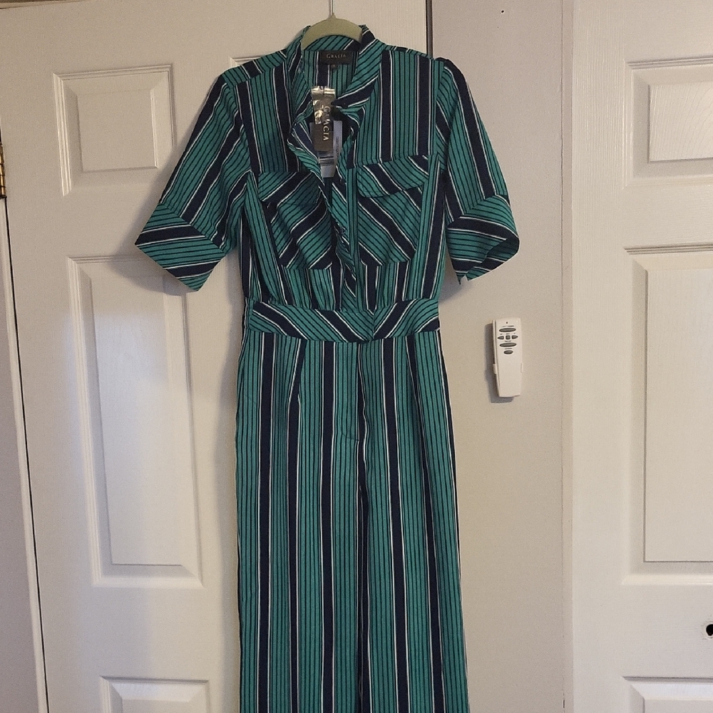 Green & Navy Striped Short-Sleeve Midi Dress